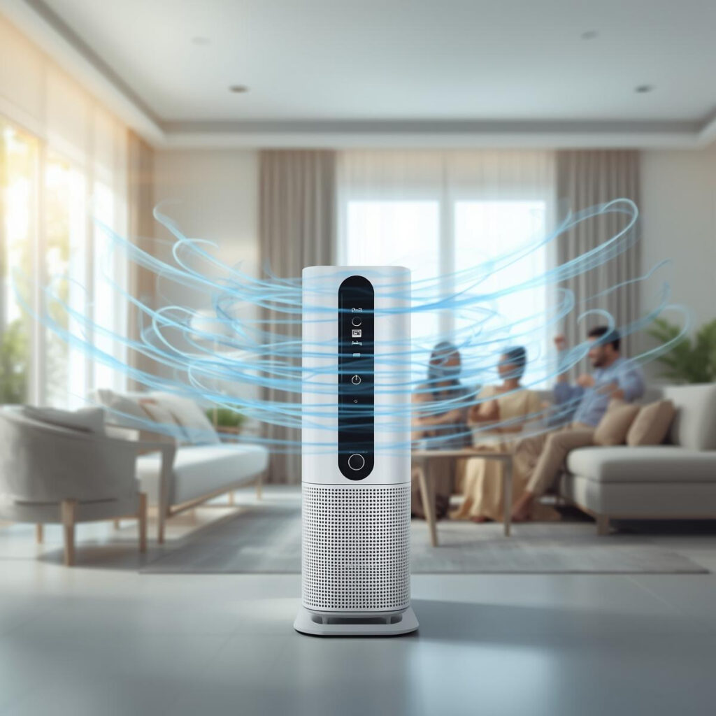 Modern air purifier placed in a clean living room in India